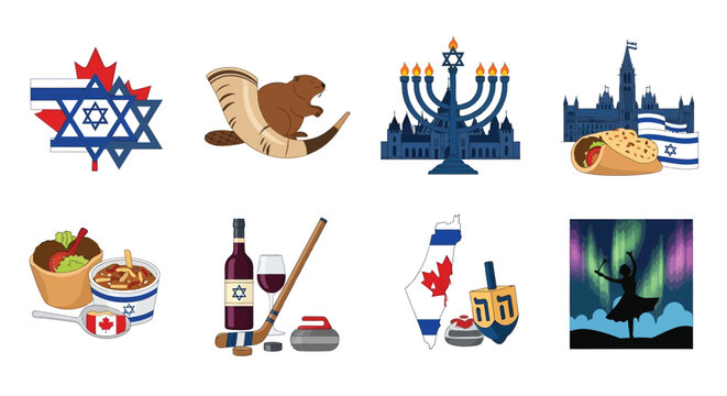 Cultural icons representing Canada and Israel alongside festive elements high quality
