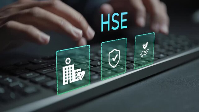 Health, Safety and Environment system concept. Person typing keyboard with digital safety and compliance icons, risk assessment, and environmental protection workflow.