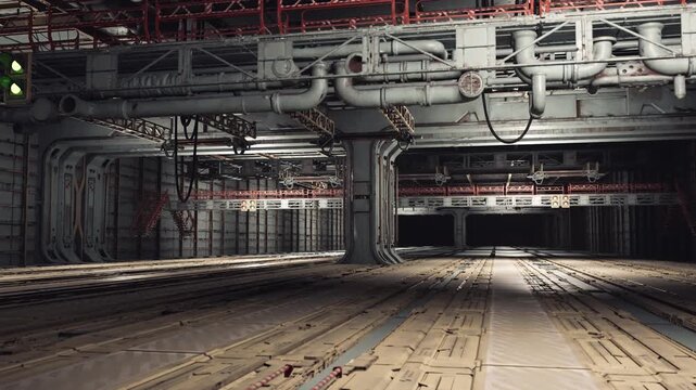 Wide train maintenance shed with parallel service lanes, overhead cranes, hanging cables, series of access hatches, utilitarian lighting, routine service