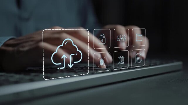 Digital cloud system concept. Person typing keyboard with cloud computing and data analysis icons, secure storage, and advanced business insights.