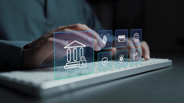 Digital banking security system concept. Person typing keyboard with secure transaction and financial icons, encrypted banking, and online finance management.