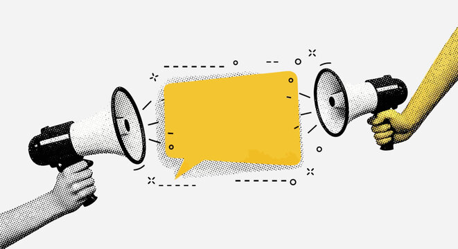 Two hands holding classic megaphones with an empty yellow speech bubble, pop art style communication illustration on an isolated white background.
