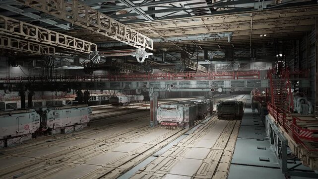 Rows of idle buses under high hangar roof at night, silent parking lanes, reflective floors, dim fluorescent lamps, shuttered entrances, logistics signage