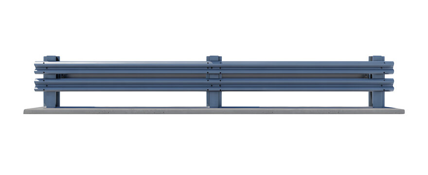 Blue metal guardrail on concrete base isolated on a transparent background