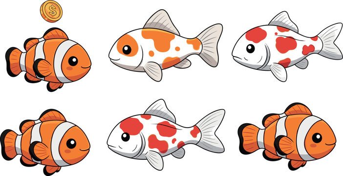 Cute aquarium fish set featuring clownfish and koi carp colorful aquatic animals cartoon vector illustration collection isolated
