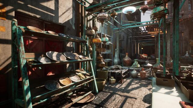 sunlit bazaar lane lined with pottery, brass lamps, stacked vases, woven baskets, tiled passage, artisan displays, warm color palette, gentle shadows