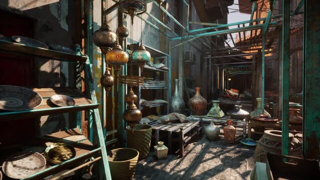 sunlit narrow market alley with antique pottery and brass lanterns, dusty shelves filled with vases, jugs and bowls, merchant arranging ceramics, textured