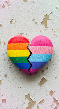 Two halves of a painted heart, one rainbow, one trans flag, against a peeling wall, symbolizing division and struggle for identity