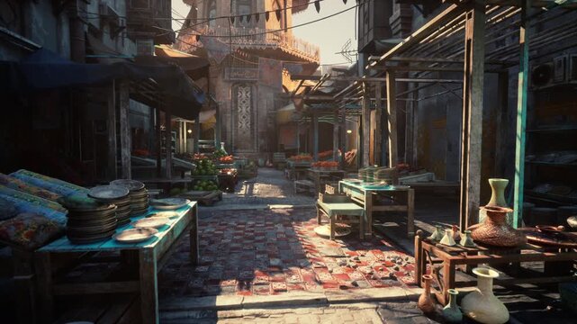 late afternoon market lane scattered petals and fallen leaves, wet cobblestone reflecting sunlight, empty tables and crates, faded canopies and storefronts,