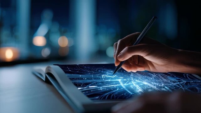 A person uses a stylus to sketch luminous digital patterns on a tablet, symbolizing creativity and advanced technology. The scene highlights innovation, imagination, and the future of digital design