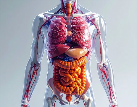 Detailed 3D render of the human internal organ system, illustrating vital anatomy including lungs, heart, liver, and intestines within a transparent body structure