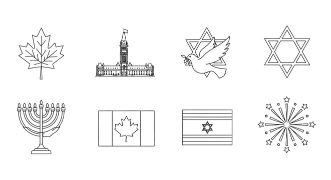 Line art depicting canadian and jewish symbols including flags and religious icons