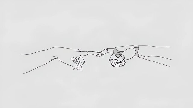 Hand of human and robotic hand connecting fingers. Line art of human-machine interaction and connection, representing digital faith and technology.