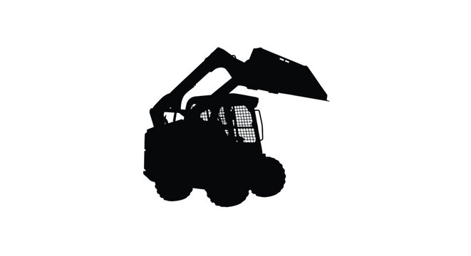 Black silhouette of a skid steer loader against a white background silhouette