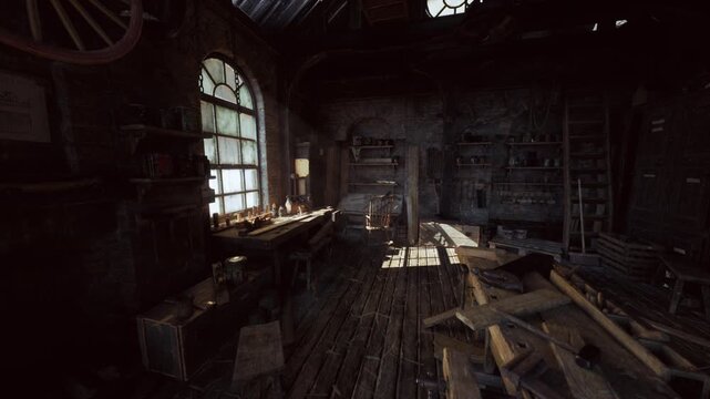 sunlit dusty workshop interior bathed in warm light, abandoned carpenter bench strewn with hand tools, sawdust and timber planks, arched window casting beams