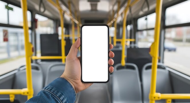 Interior of a public bus with a hand holding a blank smartphone screen