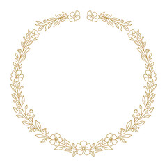 Elegancki złoty wianek z drobnymi kwiatkami, pąkami i liśćmi — ilustracja wektorowa w stylu line art. Lekka, delikatna okrągła ramka dekoracyjna z symetrycznie rozmieszczonymi drobnymi kwiatuszkami. © Monika