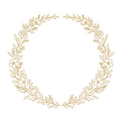 Elegancki złoty symetryczny wianek kwiatowy z różami, jagodami i liśćmi — ilustracja wektorowa w stylu line art. © Monika