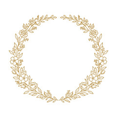 Elegancki złoty symetryczny wianek kwiatowy z różami, jagodami i liśćmi. Lekka, zwiewna okrągła ramka dekoracyjna z symetrycznie rozmieszczonymi kwiatami. © Monika