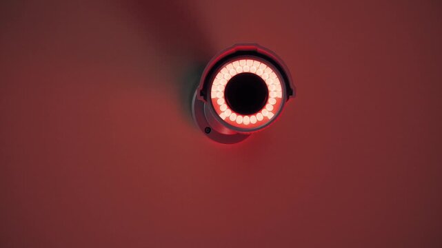 Infrared Security Camera Mounted on Ceiling in Dramatic Red Light