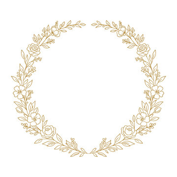 Elegancki złoty symetryczny wianek kwiatowy z r&oacute;żami, jagodami i liśćmi &mdash; ilustracja wektorowa w stylu line art.