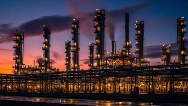 Industrial complex at dusk with illuminated structures and atmospheric ambiance