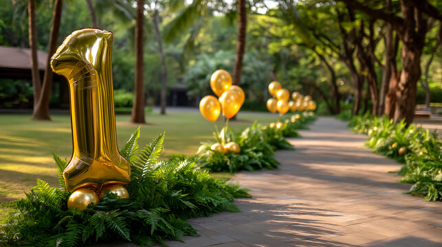 Celebrate milestone moments with this stunning golden number one balloon in a lush park setting, perfect for birthdays and anniversaries or first year business success
