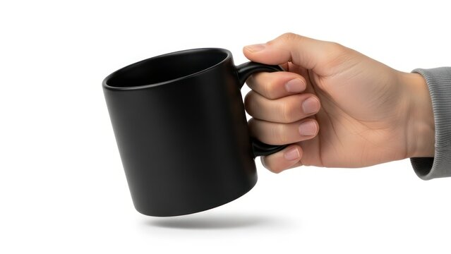 Person holding black mug against white background copy space for design