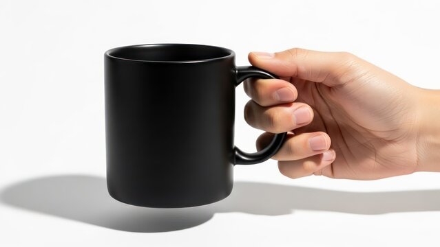 Person holding black coffee mug against white background copy space