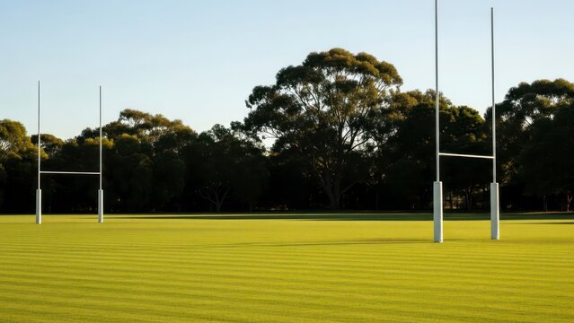 Rugby field with goalposts on green grass against a clear blue sky