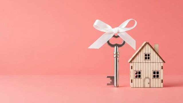 Wooden house and key with bow against pink backdrop representing property