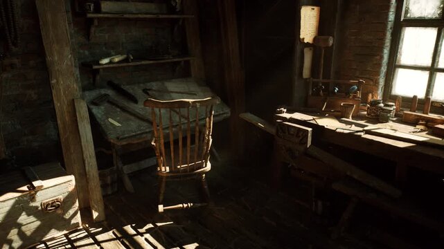Empty wooden chair near dusty desk, sunlit window casting long shadows across bench, scattered drafting tools and sketch papers, oil lamp and candle on shelf,