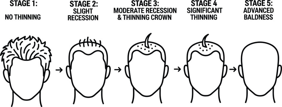 Man hair loss stages balding process from full hair to complete baldness