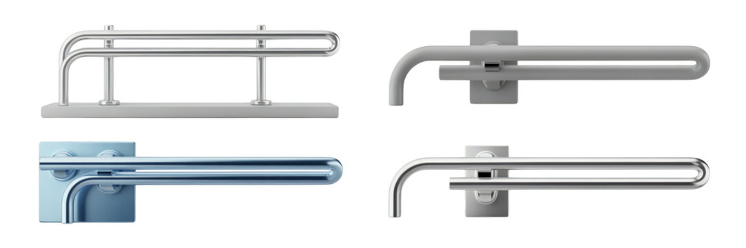 Various metal grab bars and handles metal bars handrails bathroom isolated on a transparent background
