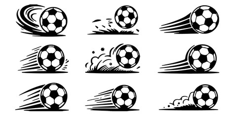 Moving soccer ball silhouette with speed ​​and kick effect for football logo or symbol design. Editable vector stock illustration background. © IconSade