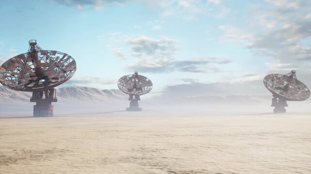 desert metal arrays rise through mist, cinematic panorama of rusted parabolic sculptures scattered across barren plain, soft morning light and low cloud,