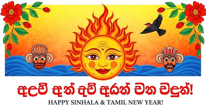 Sinhala and Tamil New Year Banner, Sri Lankan Traditional Sun Poster