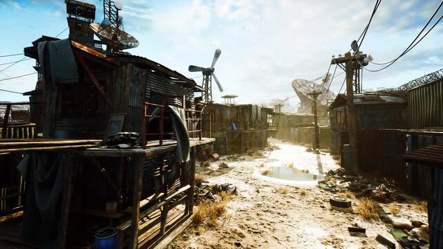 sunlit shantytown alley with puddles, corrugated metal shacks, rusted staircases and hanging cables wind turbine silhouette and power cables punctuate skyline,