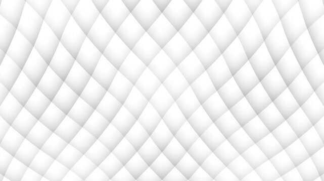 Abstract geometric background with soft white and light gray tones forming a repeating diamond wave pattern. The surface gently moves and flows like a smooth fabric. Seamless looping.