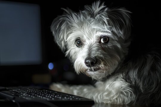 A curious dog with a quizzical expression peeking at a computer screen in dim lighting, symbolizing the companionship and curiosity that pets bring to our daily lives.