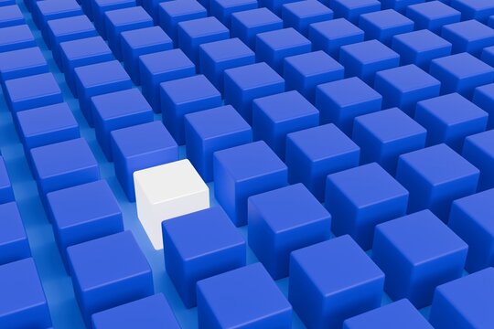 cube grid concept white cube among blue cubes 3D render