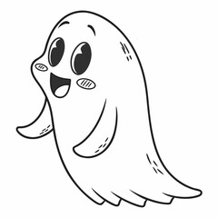 Obraz premium A cute cartoon ghost with a smiling face and big eyes in a black and white illustration