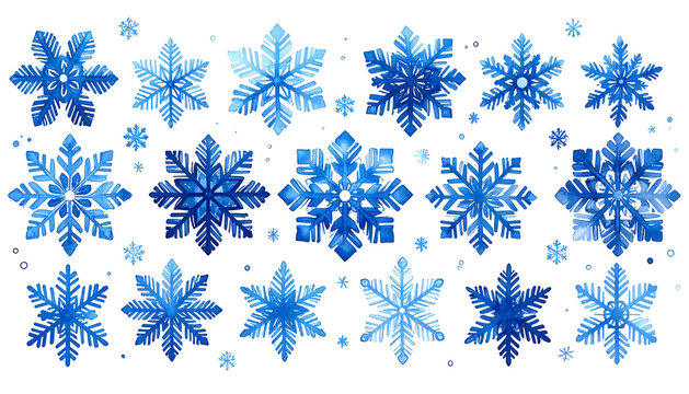Watercolor snowflakes in varying shades of blue, arranged on a black background