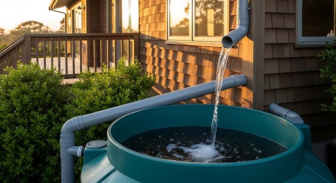 Rainwater harvesting system, water flowing into a tank next to a house with wooden siding