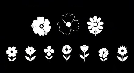 Fototapeta premium Simple white flower icons of various shapes against a black background