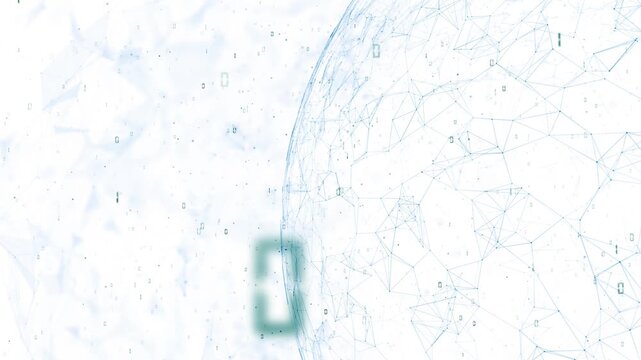 Minimalistic 3D sphere rotating slowly on a clean white background with floating binary numbers drifting around it. Thin geometric lines form a subtle network structure. Vertical loop.