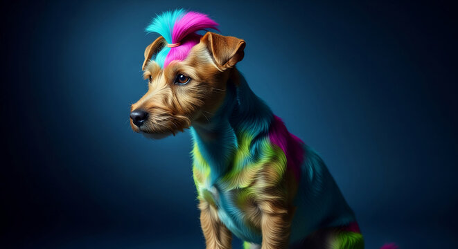 Sitting dog with colorful fur (blue, green, pink) and hair. The colorization symbolizes individuality and creative expression on a dark background