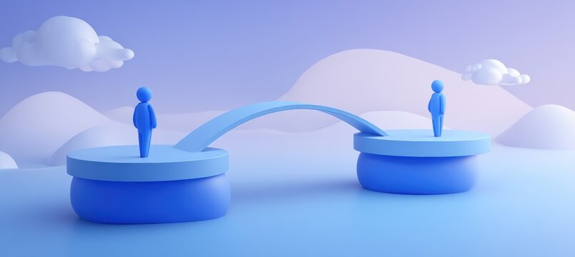 Blue man and woman connected by bridge in minimalist portrait