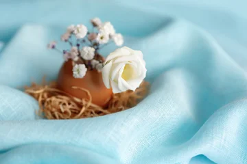 White flowers in eggshells on blue fabric. Easter home decoration. © smiltena