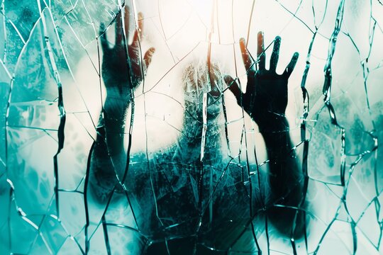 A haunting image shows a silhouette struggling behind broken glass, evoking feelings of confinement, isolation, and the yearning for freedom and connection.
